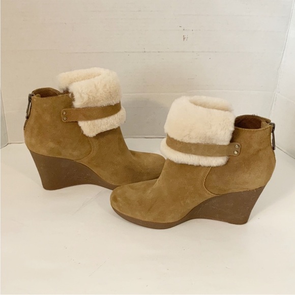 UGG Suede Fur Trim Wedge Short Boots, 7 - Picture 3 of 10